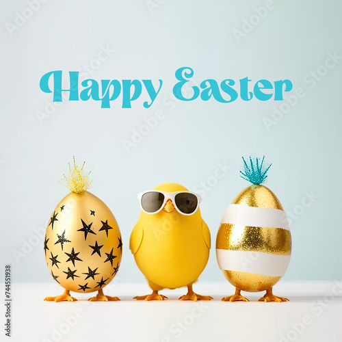 Happy Easter Concept with Chic Golden Eggs and Sunglasses on Chicken Legs