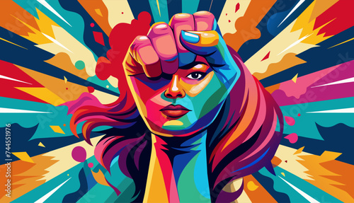 A raised fist composed of colorful brushstrokes, each stroke representing a unique woman happy women day