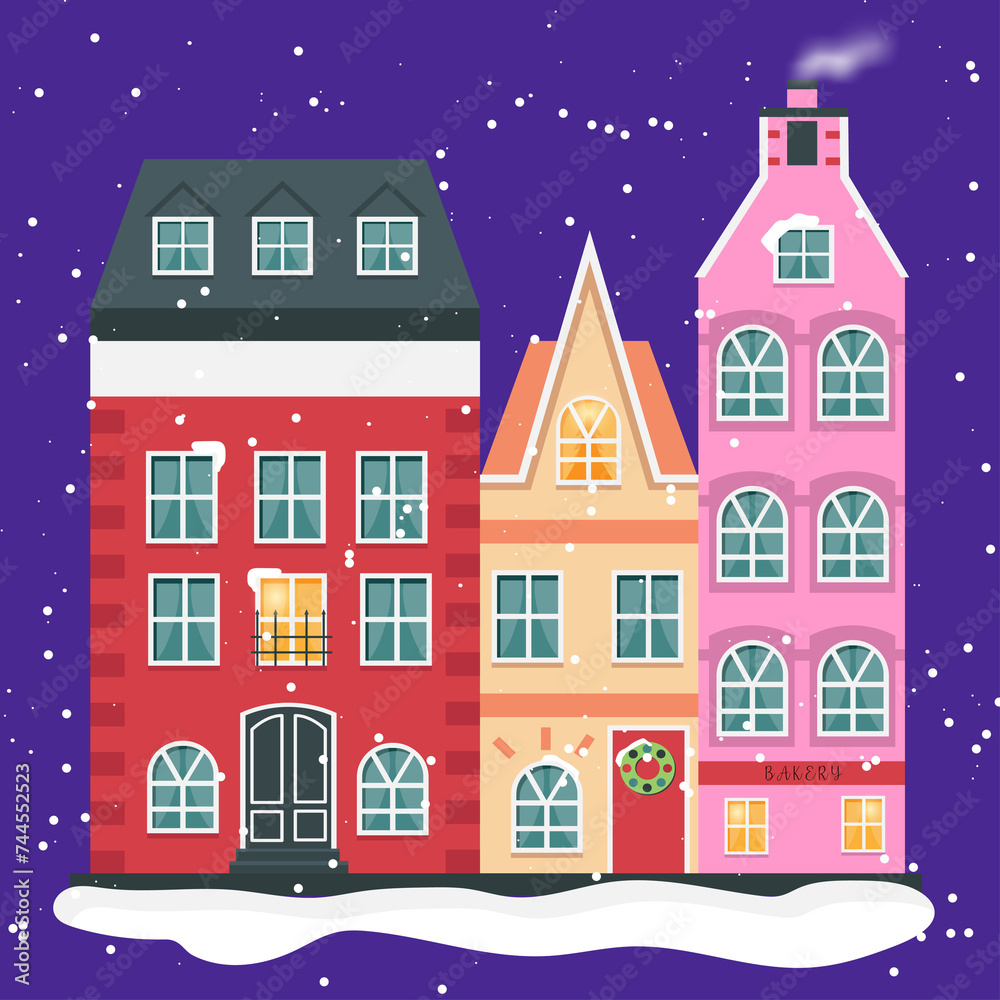 an illustration of 3 color holland style houses with snow & snowball on a dark blue background