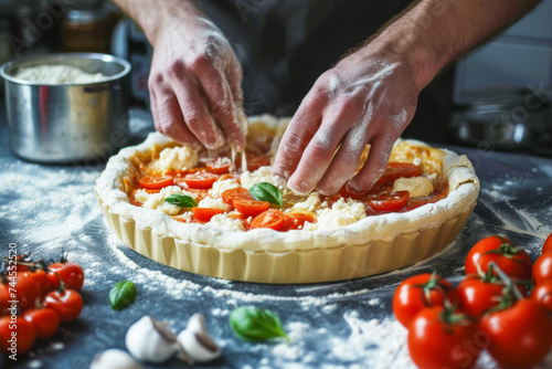 Hands delicately arrange tomato slices and basil on a pizza in the form of a pie with deep filling and fluffy dough, showcasing the art of homemade cuisine
