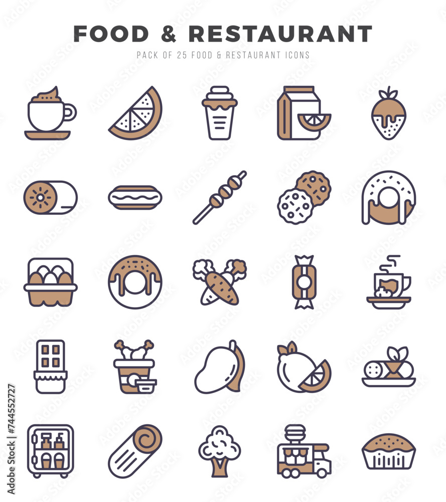 Fototapeta premium Set of simple Two Color Food and Restaurant Icons. Two Color art icons pack.
