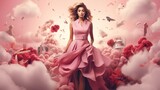 beautiful glamorous woman in a pink dress on an abstract background