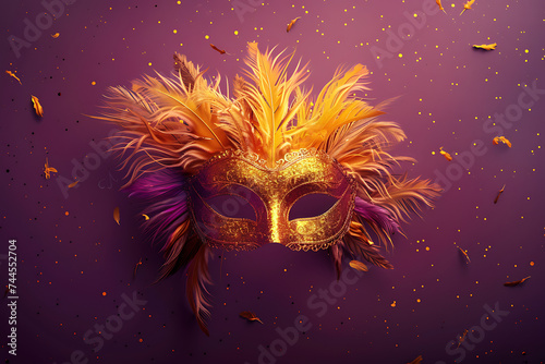 mask with golden feathers over purple background roya