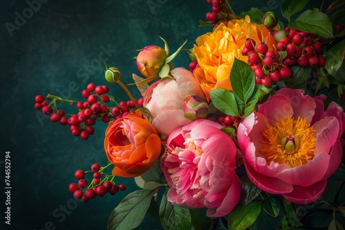 Fototapeta Naklejka Na Ścianę i Meble -  Vibrant bouquet of mixed flowers featuring peonies and berries on a dark background.