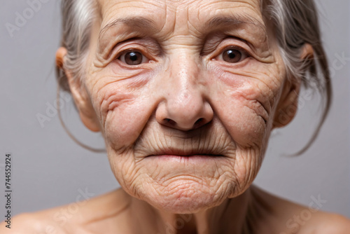 Close-up on face skin of old woman, skin exfoliation, dry skin concept