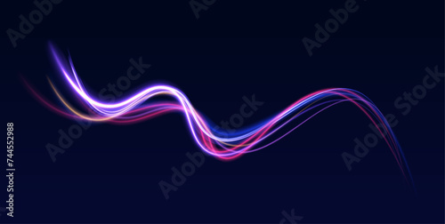 Light trail wave, fire path trace line, car lights, optic fiber and incandescence curve twirl. City road car light trails motion background. Glitter sparkle star trail, light effect.