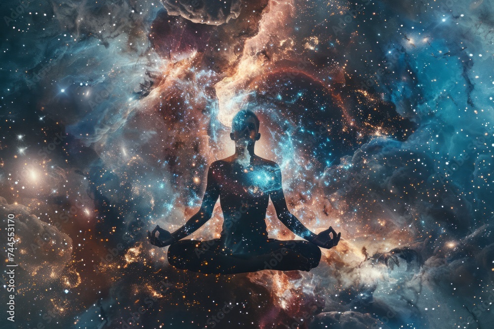 A figure in a meditative pose with a cosmic background, radiating energy and light.