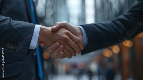 close-up of two people in business attire shaking hands, signifying a professional agreement or greeting.