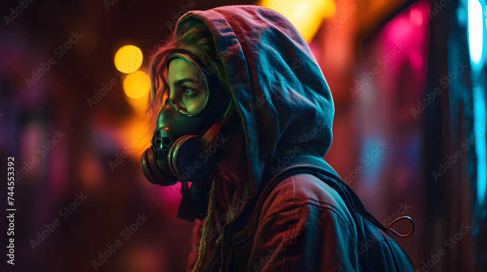  a woman dressed in gas mask and glowing neon lights against a background
