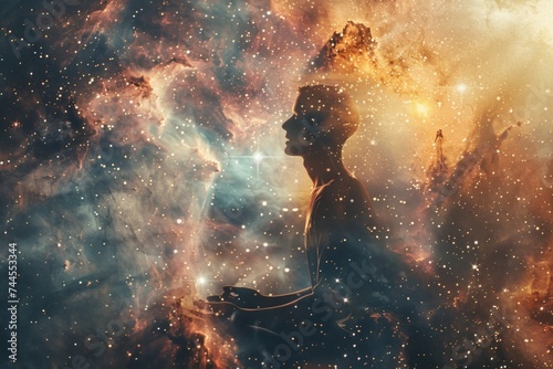 A figure in a meditative pose with a cosmic background, radiating energy and light.