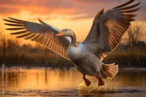 Captivating Mid-Air Motion Capture of Goose Against a Picturesque Pastel Sky – Nature's Wonders Illuminated by the Setting Sun © Troy