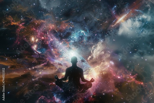 A figure in a meditative pose with a cosmic background  radiating energy and light.