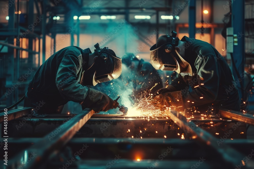 Workers welding in an industrial environment with dramatic lighting and sparks.