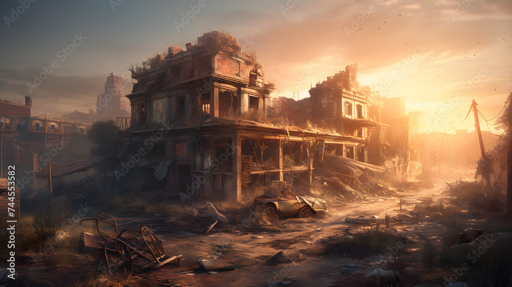  a wrecked city is lit by the sun