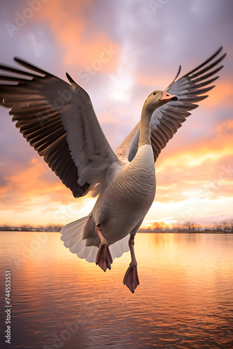 Captivating Mid-Air Motion Capture of Goose Against a Picturesque Pastel Sky – Nature's Wonders Illuminated by the Setting Sun © Troy