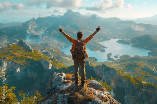 A mountain climber at the mountain top raises his hands. He is overlooking a stunning landscape.