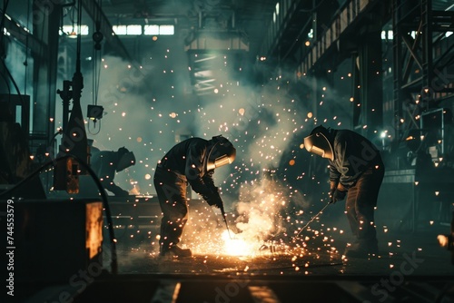 Workers welding in an industrial environment with dramatic lighting and sparks.