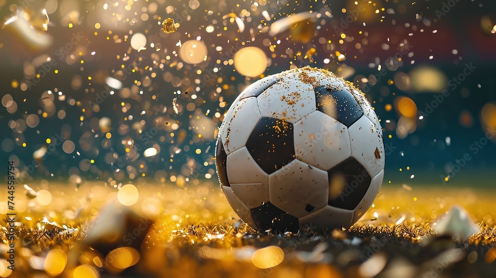 Team winning the match, soccer ball on the field with golden confetti