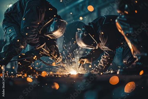 Workers welding in an industrial environment with dramatic lighting and sparks. photo