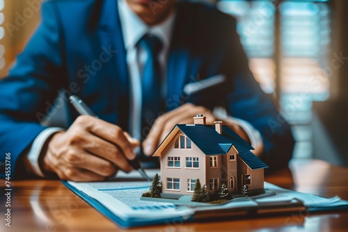 Real estate agent signing contract with miniature house on table photo