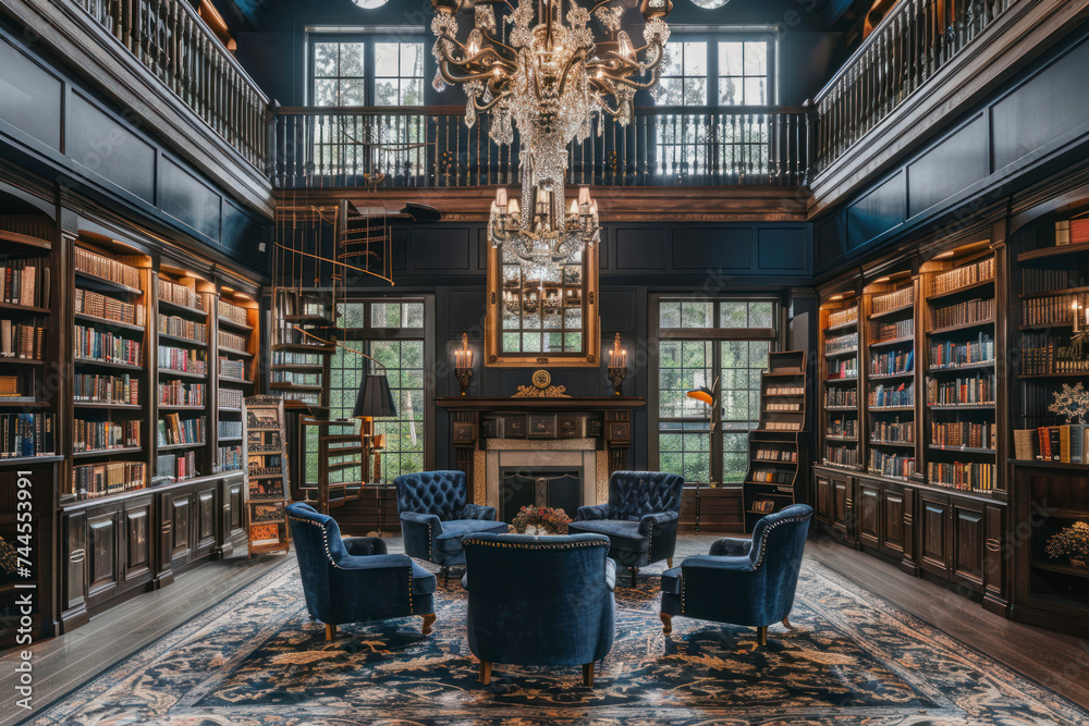 Grand Gothic library with floor-to-ceiling bookshelves, ornate chandeliers. - obrazy, fototapety, plakaty 