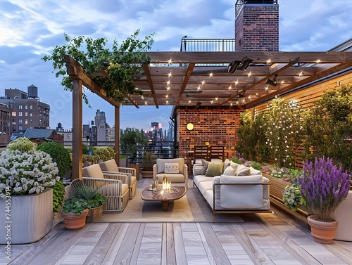 Empty outdoor roof terrace with potted plants in minimal style