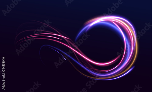 Neon color glowing lines background, high-speed light trails effect electric light, light effect. Light and stripes moving fast over dark background. Particle motion effect vector. 