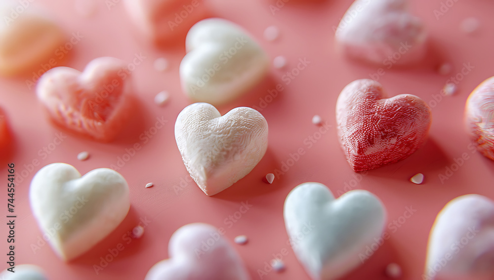Fototapeta premium multiple colorful hearts are arranged on pink backgro