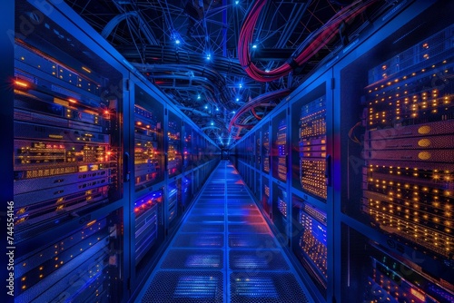 Futuristic data center with glowing blue servers