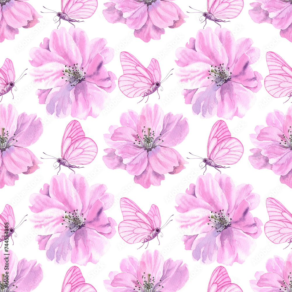 Watercolour Sakura spring flowers illustration seamless pattern. Seasonal Cherry blossom. On white background. Hand-painted. Botanical Floral elements. Butterflies with pink wings. For print wrapping
