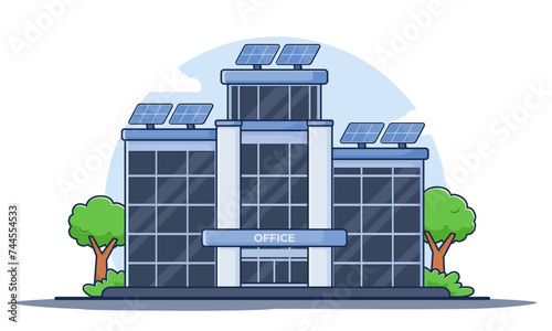 Cartoon-style illustration of Solar Panel Photovoltaic installation on the office building rooftop, alternative electricity source - Sustainable Resources Concept