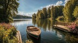 A wooden boat on a lake in the park. Summer landscape. Nature backgrounds