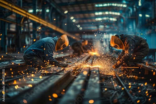 Workers welding in an industrial environment with sparks flying