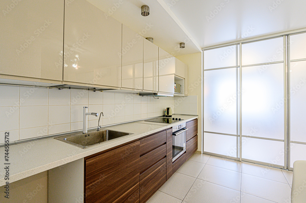 interior kitchen and dining room, refectory area, cooking equipment, table furniture, stove interior kitchen and dining room, refectory area, cooking equipment, table furniture, stove