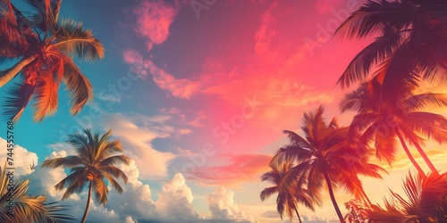 Colorful retro artwork featuring nature scene with palm trees and bright colors. Concept Retro Art, Nature Scene, Palm Trees, Bright Colors © Anastasiia