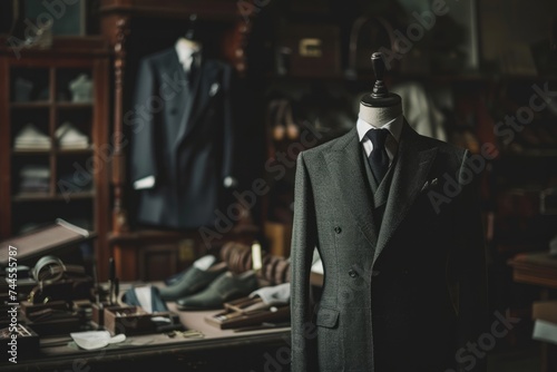 Tailored suit on mannequin in luxury bespoke tailoring shop photo