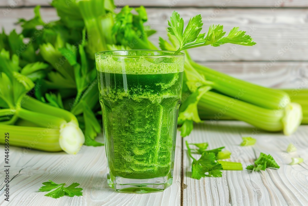 Fresh celery juice in glass on wooden table Fresh celery juice in glass on wooden table