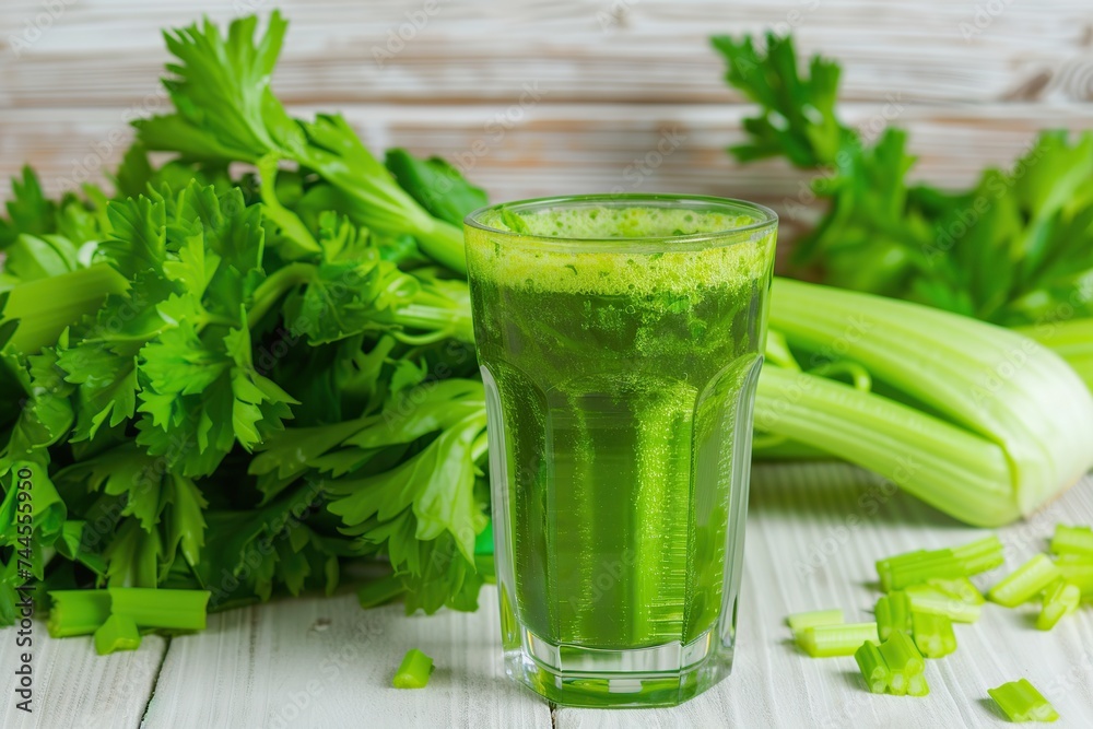 Fresh celery juice in glass on wooden table Fresh celery juice in glass on wooden table