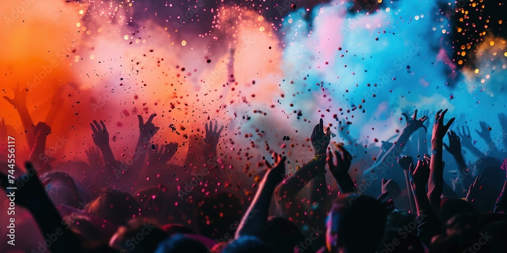 Crowd celebrating with vibrant color powder at Holi festival, summer party or music festival - obrazy, fototapety, plakaty 