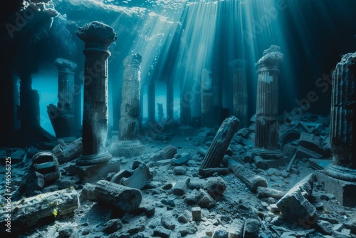 Dramatic underwater scene with ruins and floating debris. photo