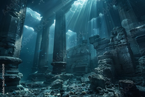 Dramatic underwater scene with ruins and floating debris.