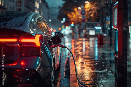 Electric car charging at a station during a rainy evening