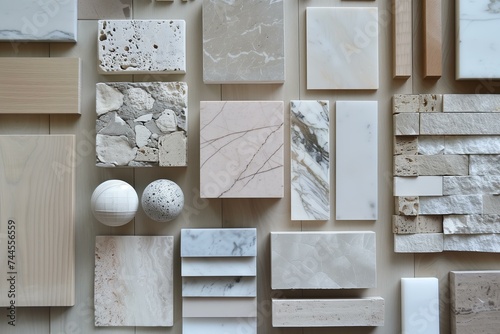 interior design material sample moodboard with luxury surfaces like marble and wood photo