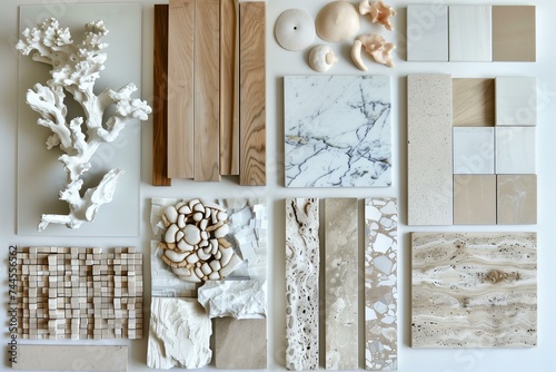 interior design material sample moodboard with luxury surfaces like marble and wood photo