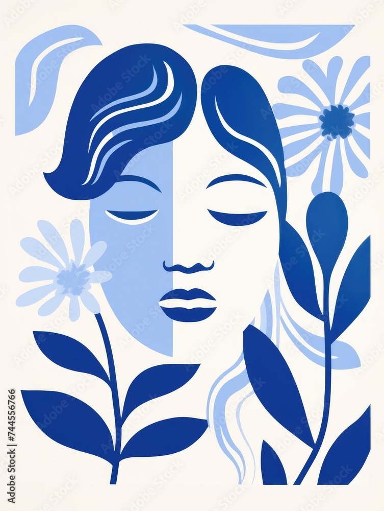 Blue and White Portrait of a Womans Face. Printable Wall Art.