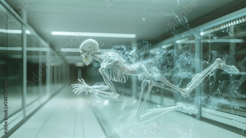 Hologram of the human skeletal system floating in midair Modern technology is used to diagnose human diseases. 