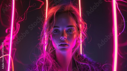 Night view of young woman with red and pink neon light lines Artistic concept of light and beauty of young woman