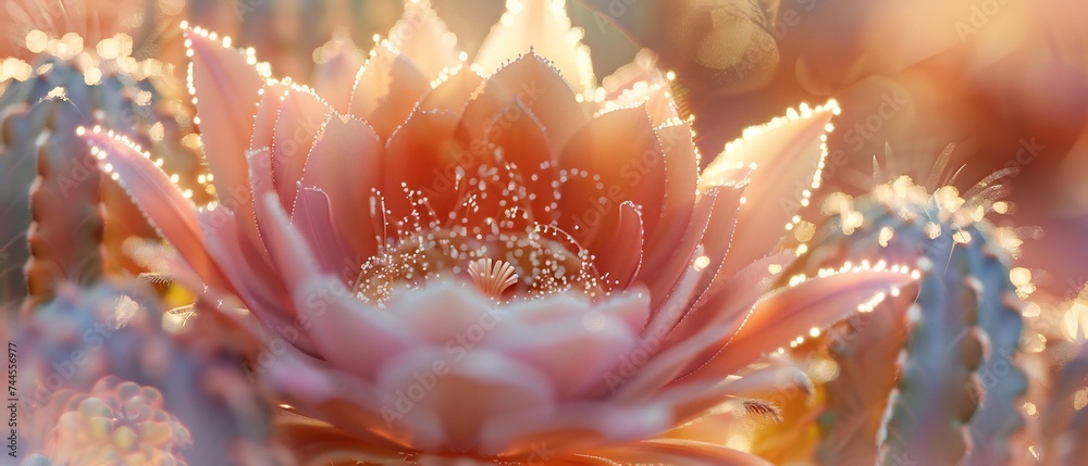 Mirage Bloom: Close-up captures the surreal allure of a cactus flower in the desert heat. - obrazy, fototapety, plakaty 
