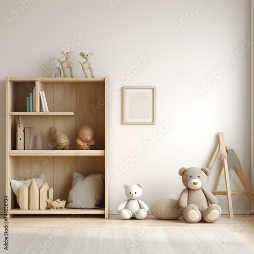 Nursery in beige colors with toys and stuffed animals.