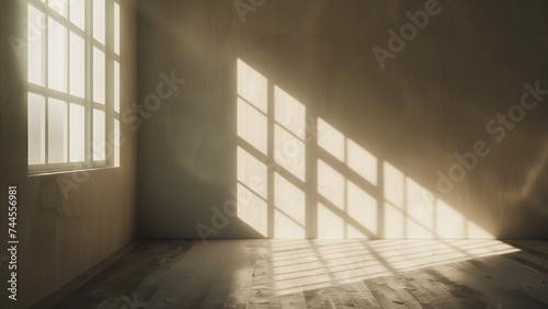 Dark room with natural light window, blurred shadow overlay on room wall paper and floor texture background